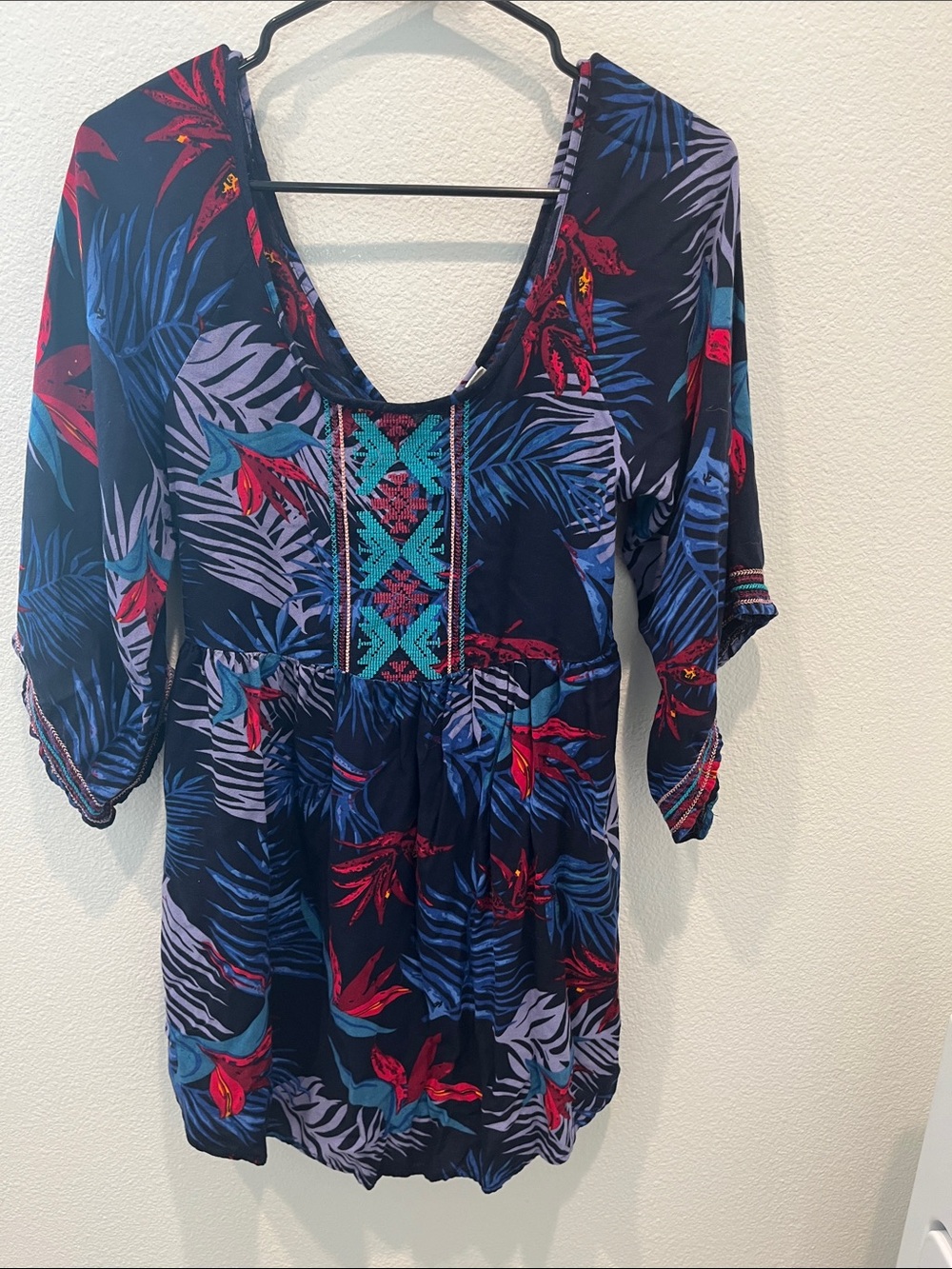 Roxy Navy Tropical V-Neck Tunic with Embroidered Panel